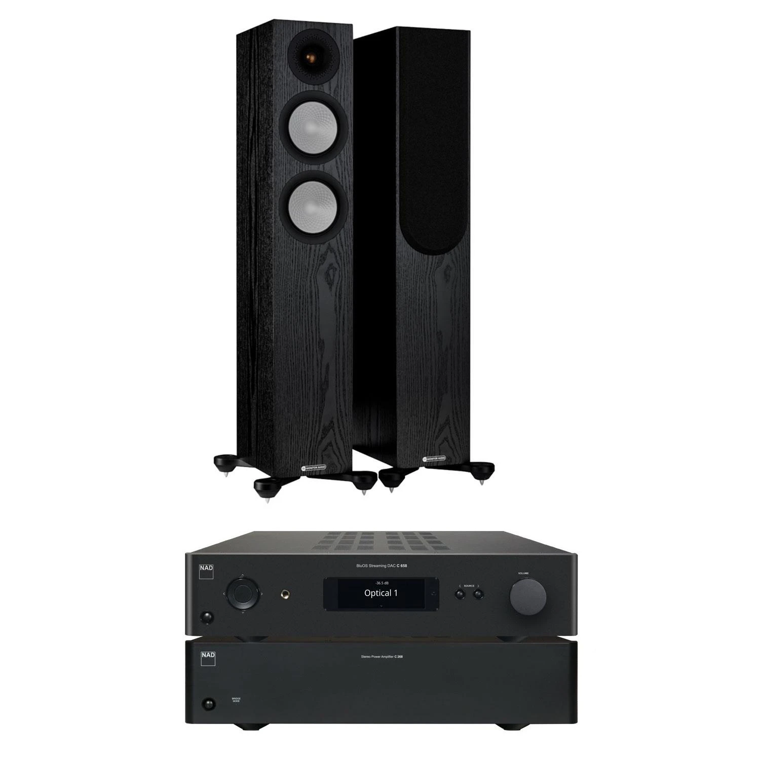 NAD C 658 Music Streamer / DAC / Preamp NAD C 268 Stereo Power Amplifier Monitor Audio Silver 200 7G Speakers